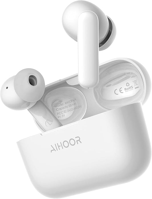 AIHOOR Wireless Earbuds for Music and Sports, Bluetooth 5.3 in-Ear Headphones with Extra Bass, Built-in Mic, Touch Control, USB Charging Case, 30hr Battery Earphones (High Gloss White)