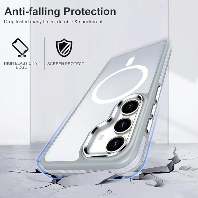 Case for Samsung Galaxy S25, Anti-Slip S25 Cover Compatible with Magsafe [Mil-Grade Shockproof] [Metal Camera Frame], Ultra Thin Translucent Matte Texture Galaxy S25 Phone Case (Grey/White)