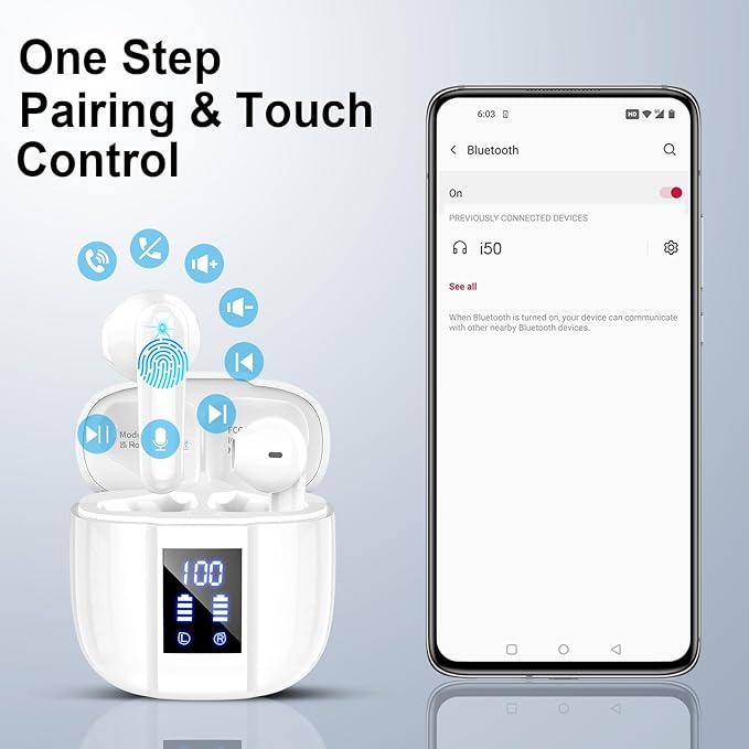 Wireless Earbuds, Bluetooth 5.4 Headphones, 48H, Stereo Ear Buds, LED Display Earphones with Mic, IP7 Waterproof In EarBud, Comfort Fit, Bluetooth Earbuds for Phone Android iOS, Sport, Walk, White