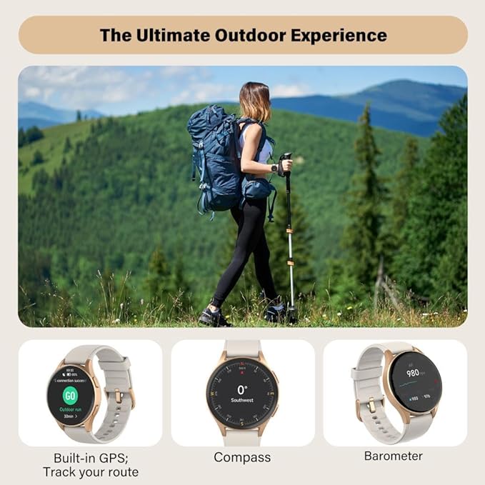 Smart Watch for Women, Built-in Alexa, GPS, HRV, VO2 Max, Blood Oxygen, Sleep & Stress Monitor, Compass, Altimeter, 1.32" AMOLED, Fitness & Women’s Health, iOS Compatible