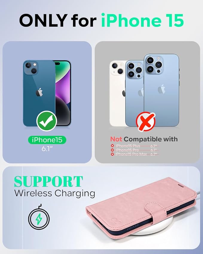 OCASE Compatible with iPhone 15 Wallet Case, PU Leather Flip Folio Case with Card Holders RFID Blocking Kickstand [Shockproof TPU Inner Shell] Phone Cover 6.1 Inch 2023, Pink