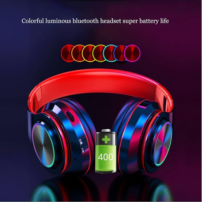 Wireless Bluetooth Headphones with Colorful LED Lights, Built-in Mic, Light Weight, Foldable, Wired HiFi Stereo Headphones for Classroom/Home Office/PC/Mobile Phone/Kids Adult (Black Red)