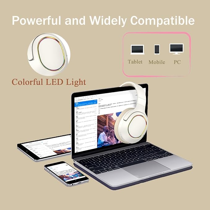 Bluetooth Headphones with LED Lights, Foldable Wireless Over-Ear Headphones with HiFi Stereo Sound Mic, Kids Adult Colorful Music Headset for Game Travel/Home Office/PC/Mobile/Phone (White A)