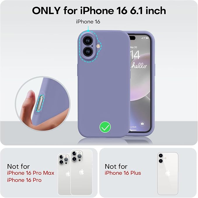 Vooii Compatible with iPhone 16 Case, Liquid Silicone Upgrade [Camera Protection] [Soft Anti-Scratch Microfiber Lining] Shockproof Phone Case for iPhone 16 6.1 inch - Lavender Grey