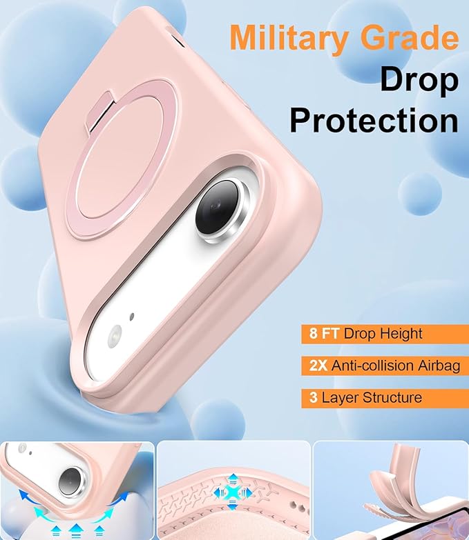 ZHK Liquid Silicone Designed for iPhone Air Case with Magnet Stand, [Precise Camera Lens Protection][Mil-Grade Drop Shockproof][Soft Anti-Scratch Microfiber Lining] Slim Fit Cover, Pink