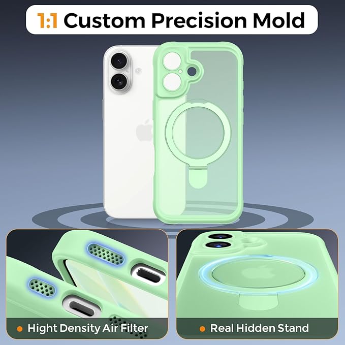 MOCCA Compatible with iPhone 17 Case with Magnetic Invisible Stand [Full Camera Protection] [Compatible with Magsafe] Military Drop Shockproof Translucent Matte Phone Case Cover 6.3",Matcha Green