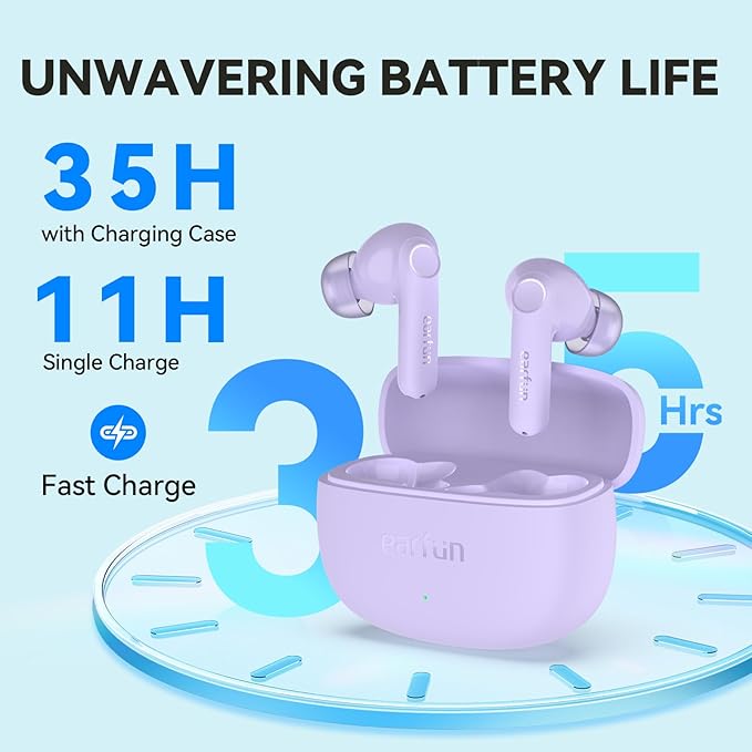 EarFun Air Life Wireless Earbuds, 12mm Driver with Deep Bass, Bluetooth 5.4 in-Ear Earbuds, 4 Mics AI ENC Call, 35H Playtime, 30 Preset EQs Via App, Comfortable Fit, Fast Charging, IPX5, Violet