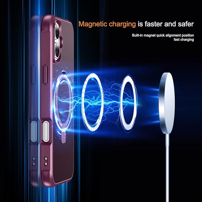 Magnetic Compatible with iPhone 16 Plus Case with Stand [Military Grade Drop Tested][Compatible with Magnet] Ring Translucent Slim Hard Back Soft Edge, Wine Red