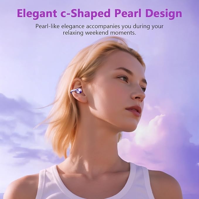 Clip on Headphones,Open Bluetooth 5.4 Earbuds with LED Digital Display Built-in Mic IPX7 Waterproof 50H Playback Sports Bone Conduction Earphones Suitable for Small Ears and Eyeglass Wearers (Purple)