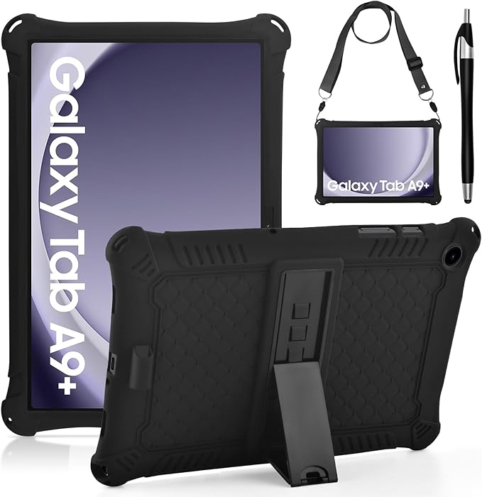 DETUOSI Compatible with Samsung Galaxy Tab A9 Plus Case 11 inch 2023, with Shoulder Strap & Stylus Pen, Soft Silicone Multi-Angle Case for Galaxy Tab A9+ Tablet SM-X210/X216/X218, Black