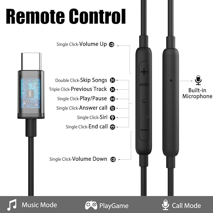 USB C Headphones, Type C Earbuds Magnetic Wired Earphones with Microphone and Volume Control Compatible with Google Pixel Xiaomi Samsung Oneplus Sony MacBook Black