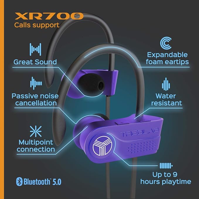 TREBLAB XR700 Wireless Earbuds - Bluetooth 5.0, IPX7 Waterproof, Noise Cancelling, Adjustable Earhooks, 9H Battery, Deep Bass, Mic - Sports Running Headphones for Workouts, Gym, Travel