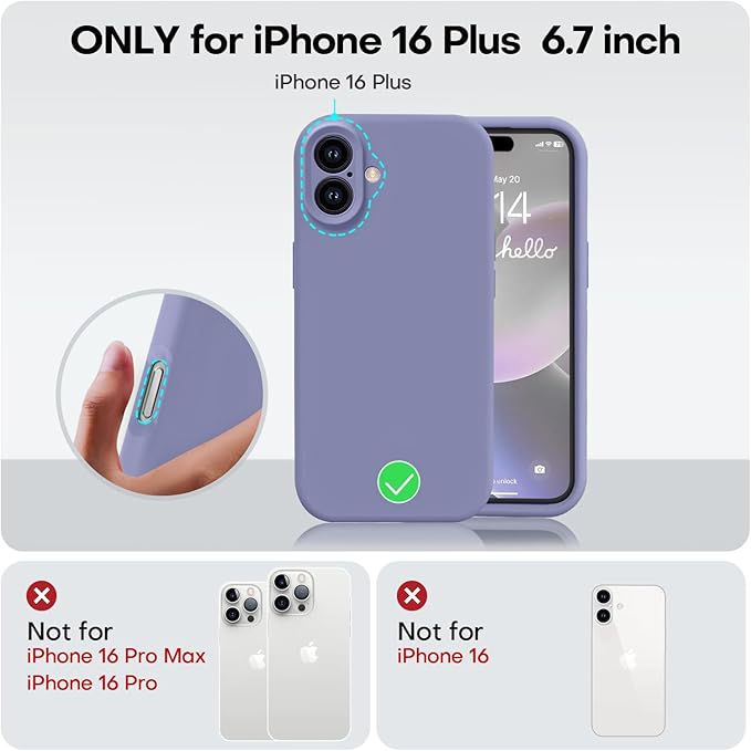 Vooii Compatible with iPhone 16 Plus Case, Liquid Silicone Upgrade [Camera Protection] [Soft Anti-Scratch Microfiber Lining] Shockproof Phone Case for iPhone 16 Plus 6.7 inch - Lavender Grey