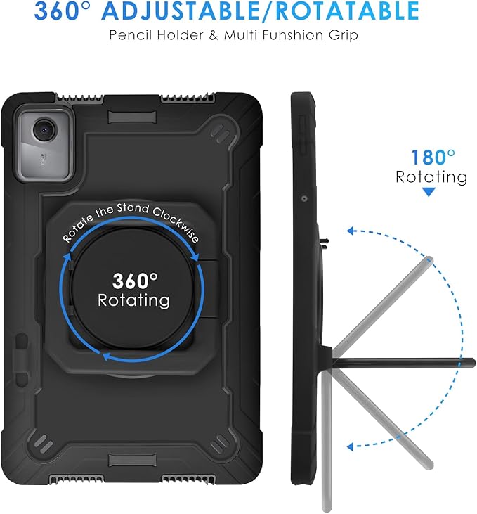 DETUOSI Case Compatible with Lenovo Tab M11/ K11 LTE 11 inch (TB-330FU/330XU), Full-Body Shockproof Protective Case with Shoulder Strap, 360 Rotating Stand Case for Lenovo Tab M11, Black