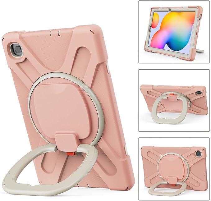 360 Rotation Case for Samsung Galaxy Tab S6 Lite 10.4" Sturdy Cover Rotate Ring Stand Shoulder Carrying Strap Hand Strap Rugged Children Adults Outdoor Case (Pink)