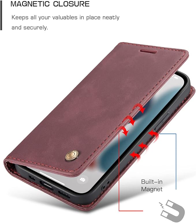 QLTYPRI Case for iPhone 14, Vintage PU Leather Wallet Case Card Slot Kickstand Magnetic Closure Shockproof Flip Folio Book Case Cover for iPhone 14(6.1 inch) - Red