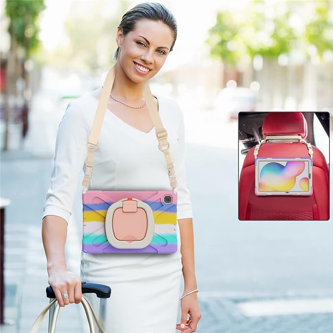 360 Rotation Case for Samsung Galaxy Tab S6 Lite 10.4" Sturdy Cover Rotate Ring Stand Shoulder Carrying Strap Hand Strap Rugged Children Adults Outdoor Case (Colourful Pink)