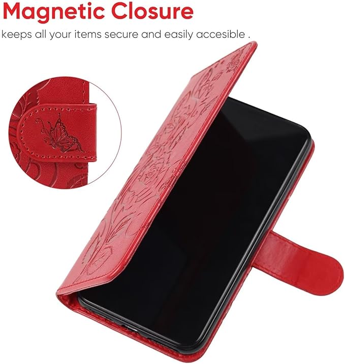 Case for iPhone 13 Case, iPhone 14 Wallet Case with Tempered Glass Screen Protector, Flower Leather Flip Credit Card Holder Stand Phone Cover Cases for iPhone 14 Red