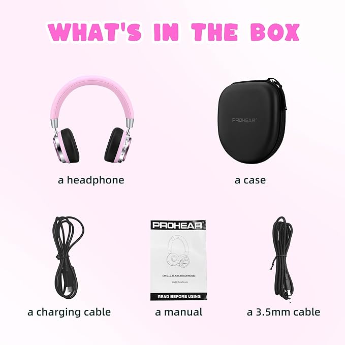 PROHEAR 010 Pro Active Noise Cancelling Headphones for Kids – Bluetooth, 85dB Safe Volume, 80H Playtime, Hi-Fi Over-Ear Wireless Headphones with Mic for iPad, Tablet, Travel – Pink