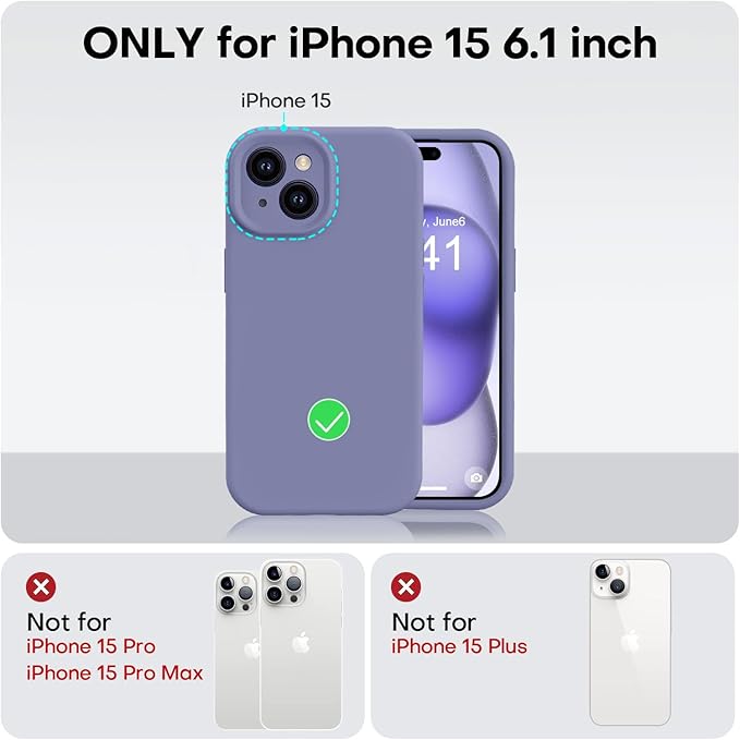 Vooii Compatible with iPhone 15 Case, Upgrade Defender Liquid Silicone, [Enhanced Camera Protection] [Soft Anti-Scratch Microfiber Lining] Shockproof Phone Case for iPhone 15 6.1 inch - Lavender Grey