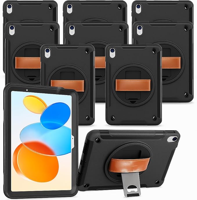 Original Rugged iPad Case for iPad 11 (A16) 11-inch (2025) & iPad 10th Gen 10.9-inch (2022) | 360° Rotating Kickstand, Genuine Leather Hand Strap, Built-in Screen Protector (Black 10 Pcs)