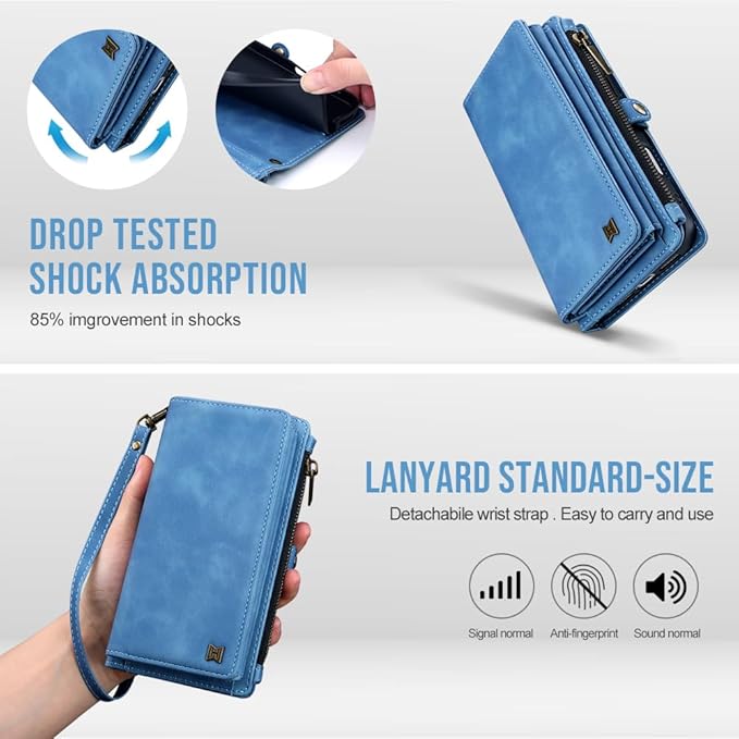 for iPhone 17 Pro Max Wallet Phone Case with 8 Card Holder,RFID Blocking | PU Leather | Kickstand | Flip | Wrist Strap&Shoulder Strap | Shockproof | Zipper Wallet | Women Men | 6.9" | Sky Blue