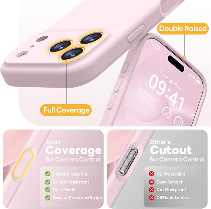 Vooii Magnetic Compatible with iPhone 17 Pro Case (Compatible with Magsafe) (Upgraded Camera Protection) Liquid Silicone Shockproof Full Body Protective Phone Cover for Women Men, Chalk Pink, 6.3”