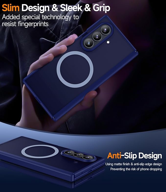 for Samsung Galaxy-Z-Fold-7 Magnetic Case: Compatible with Magsafe & Built-in Hinge Protection & HD Screen Protector - Lightweight Durable Translucent Matte Phone Cover for Z Fold7 5G 2025 (Blue)