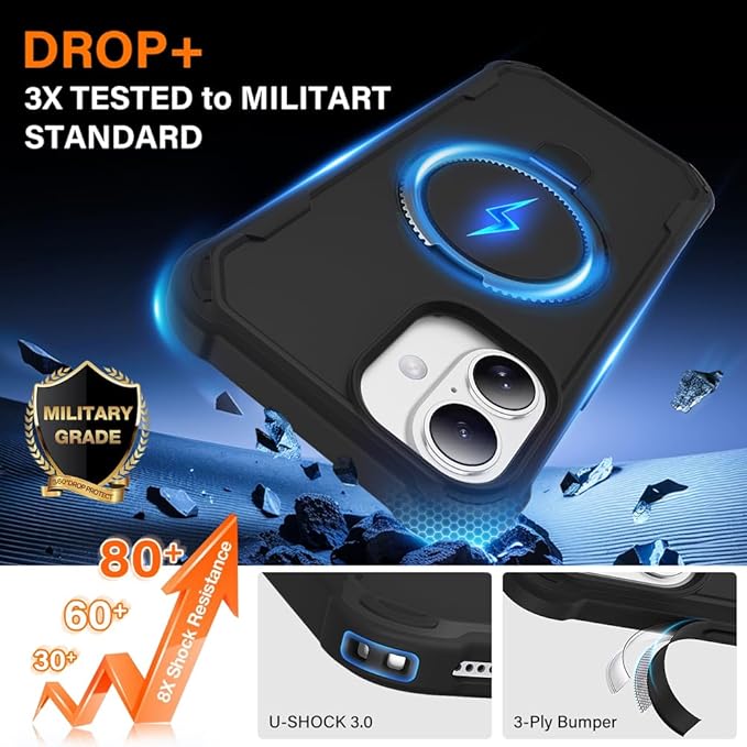 Designed for iPhone 16 Plus Case with Magnetic Stand [Military Drop Protection][Compatible with Magnet] Shockproof 16 Plus Phone Case with Ring Holder, Black