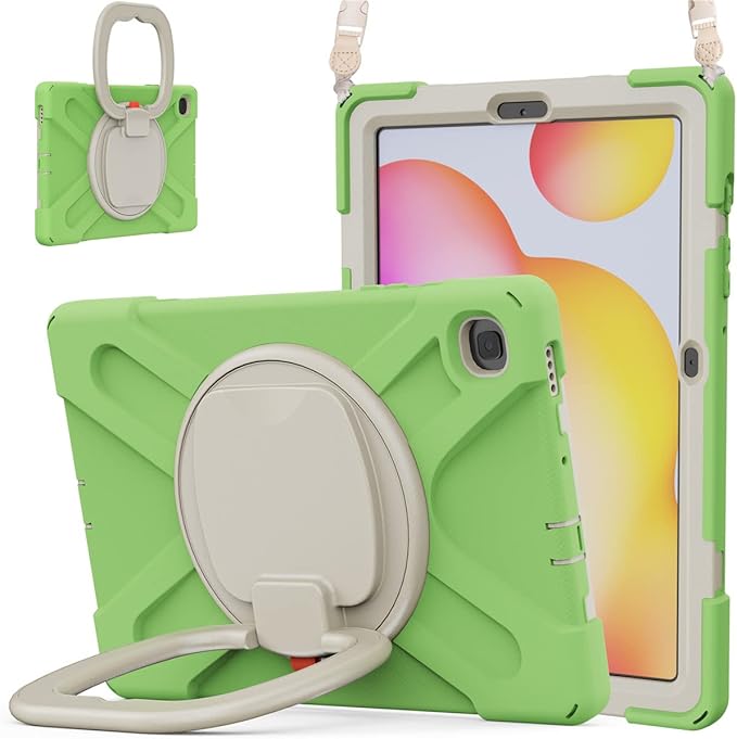 360 Rotation Case for Samsung Galaxy Tab S6 Lite 10.4" Sturdy Cover Rotate Ring Stand Shoulder Carrying Strap Hand Strap Rugged Children Adults Outdoor Case (LightGreen)