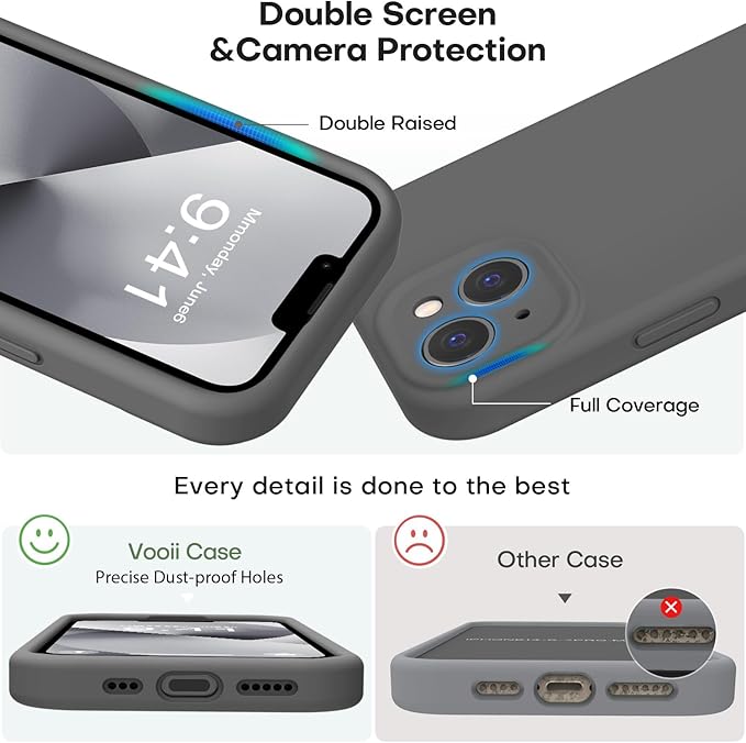 Vooii Compatible with iPhone 13 Case, Liquid Silicone Upgrade [Camera Protection] [Soft Anti-Scratch Microfiber Lining] Shockproof Phone Case for iPhone 13 6.1 inch - Dark Grey