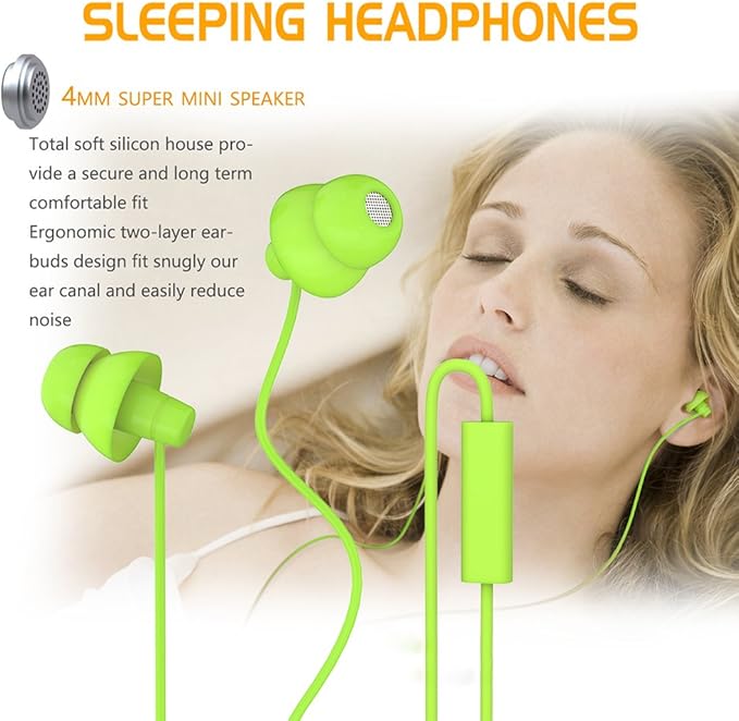 MAXROCK (TM Total Soft Silicon Headphones with Mic Sleep Travel Choice for Cellphones Tablets and 3.5mm Jack (Green)