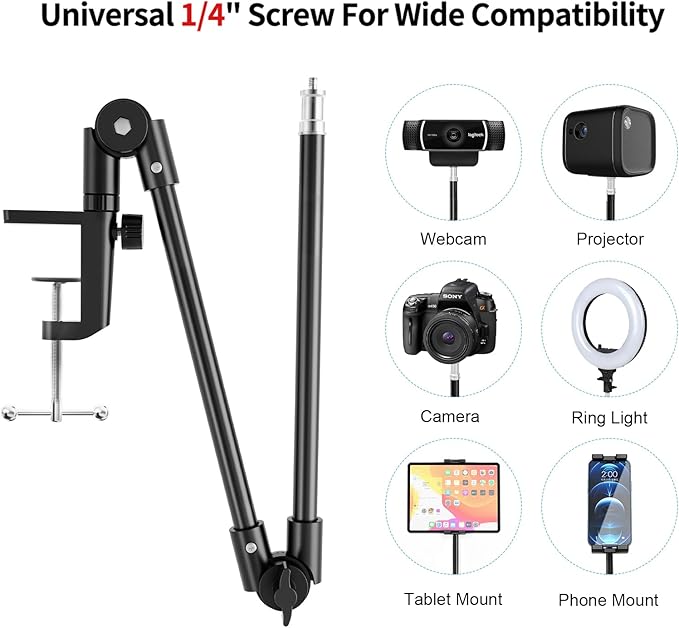 KDD Tablet Stand Holder, Adjustment iPad Phone Mount, 27in Long Arm Webcam Stand Projector Camera Mount for Desk, Fit for 4.7"-12.9" Devices, iPad Pro 12.9 Air Mini, Galaxy Tabs, Switch, iPhone