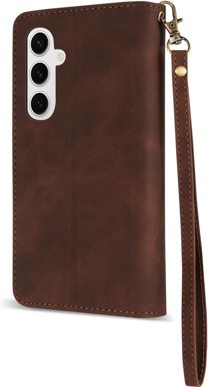 ZZXX for Samsung Galaxy S24 Plus Wallet Case with RFID Blocking Card Slot PU Leather Zipper Flip Folio with Strap Kickstand Protective Cover for Samsung Galaxy S24+ Case Wallet(Coffee-6.7 inch)