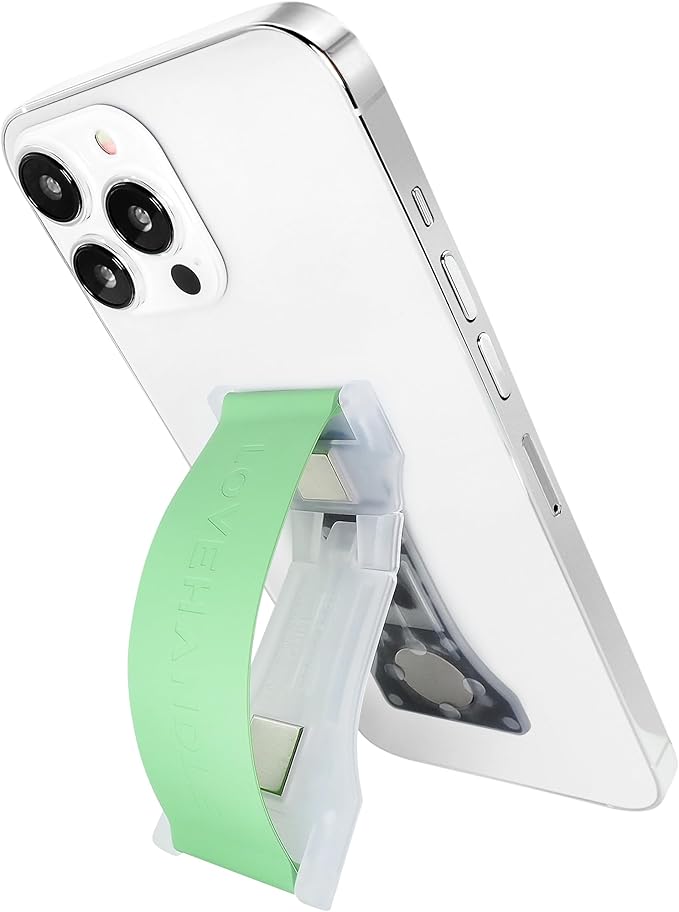 LOVEHANDLE PRO Premium Phone Grip - Silicone Phone Strap - Magnetic Phone Mount and Kickstand for Smartphone and Tablet - Fern Green Silicone on Clear Base