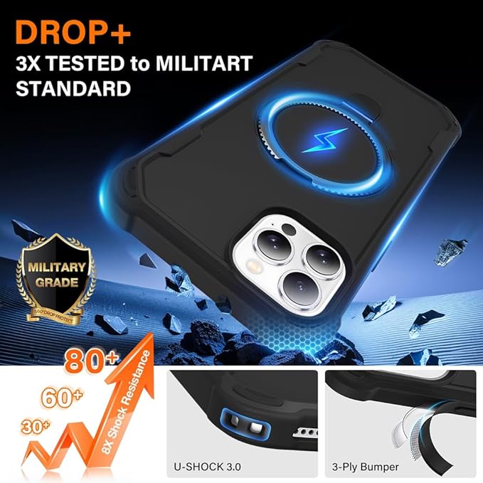 Designed for iPhone 12 Pro Max & 13 Pro Max Case with Magnetic Stand [Military Drop Protection][Compatible with Magnet] Shockproof 12 Pro Max & 13 Pro Max Phone Case with Ring Holder, Black