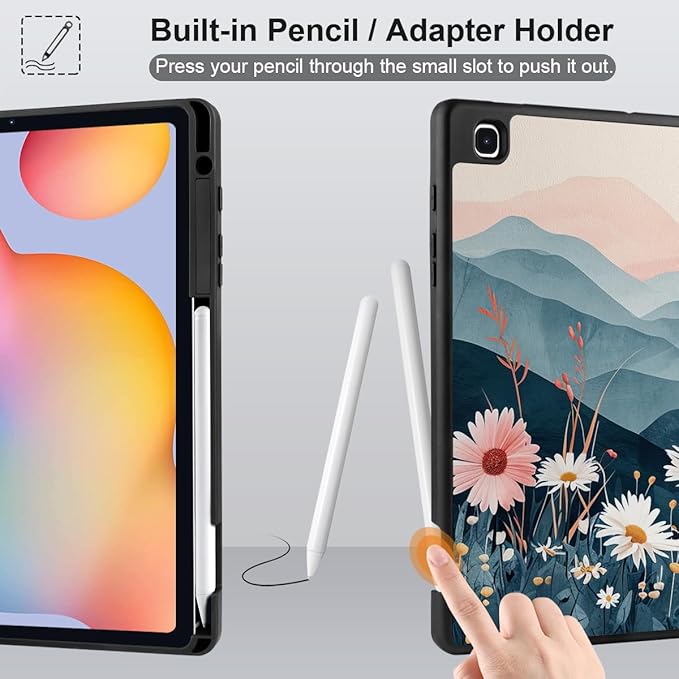 DONGKE Case for Samsung Galaxy Tab S6 Lite 10.4 Inch 2024/2022/2020, Trifold Stand + S Pen Holder + Auto Wake/Sleep + Soft TPU Protective Stand Back Cover, Daisies