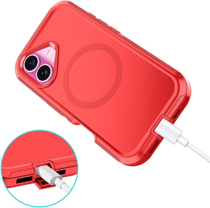 for iPhone 16 Case [Compatible with MagSafe] Shockproof 3-Layer Full Body Protection [Without Screen Protector] Rugged Heavy Duty Cover Case for Apple iPhone 16 6.1",Red