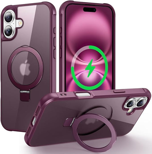 Magnetic Compatible with iPhone 16 Plus Case with Stand [Military Grade Drop Tested][Compatible with Magnet] Ring Translucent Slim Hard Back Soft Edge, Wine Red