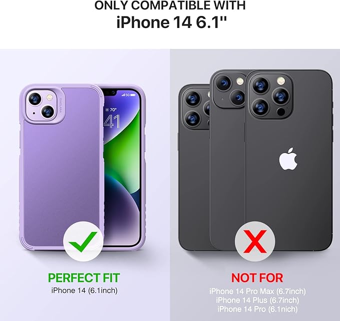 Diaclara [5 in 1 Shockproof Designed for iPhone 14 Case, with 2 Pack Tempered Glass Screen Protector + 2 Pack Camera Lens Protector, Protective Phone Case for iPhone 14 6.1 Inch(Pale Purple)
