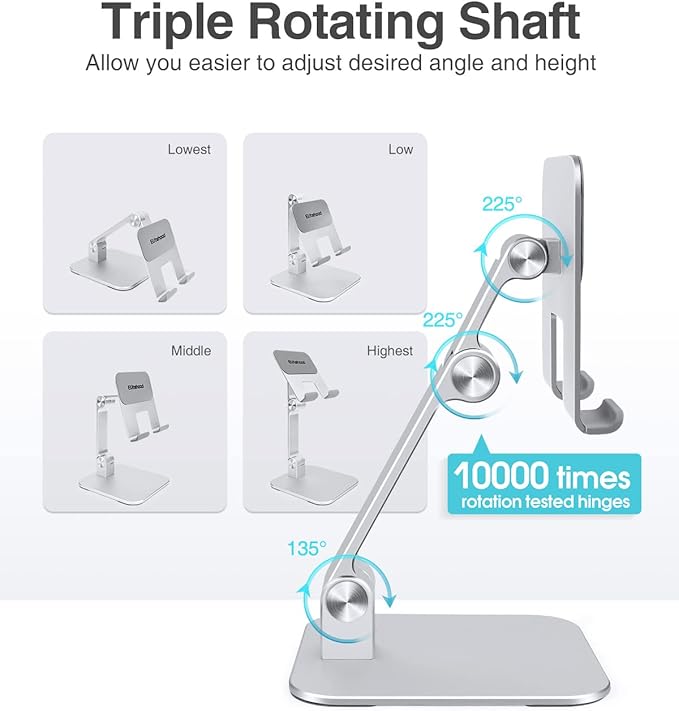 Elitehood Aluminum iPad Stand, Adjustable Holder for Desk, Desktop Tablet Dock for iPad Pro 12.9 11, Air Mini 4 5 and More 4-13.5 Inches Tablets, Silver