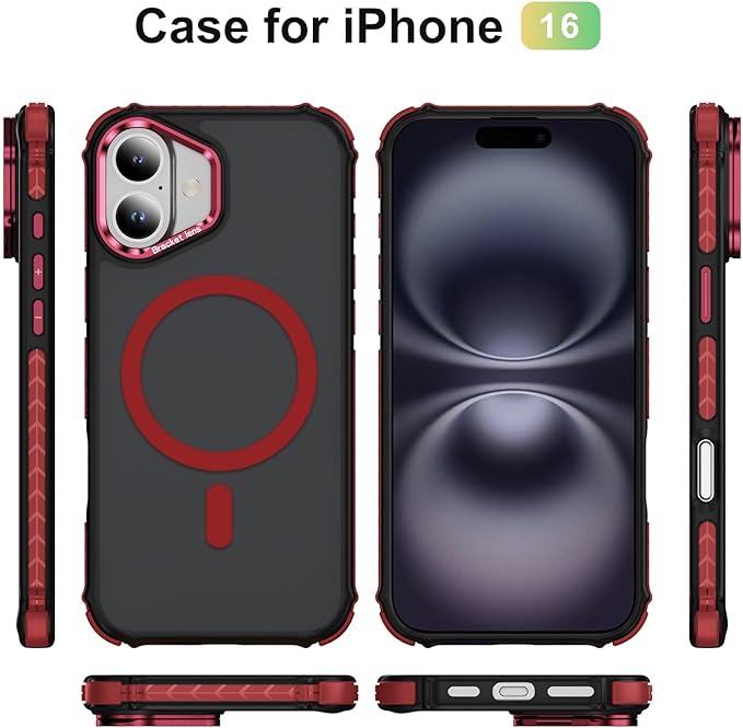 Magnetic for iPhone 16 Case Red with MagSafe Wireless Charging Heavy Duty Military-Grade Shockproof Protection Adjustable Kickstand Slim Matte Anti-Fingerprint Cover Men Women