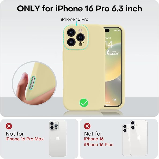 Vooii Compatible with iPhone 16 Pro Case, Liquid Silicone Upgrade [Camera Protection] [Soft Anti-Scratch Microfiber Lining] Shockproof Phone Case for iPhone 16 Pro 6.3 inch - Creamy Yellow