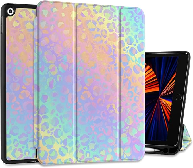 DONGKE Case Compatible with iPad 10.2 Inch 2021 2020 2019 iPad 9th/8th/7th Generation with Pencil Holder, Slim Stand Protective Case with Soft TPU Back, Auto Sleep/Wake Cover, Colorful Leopard