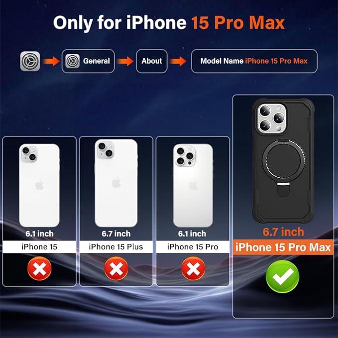 Designed for iPhone 15 Pro Max Case with Magnetic Stand [Military Drop Protection][Compatible with Magnet] Shockproof 15 Pro Max Phone Case with Ring Holder, Black