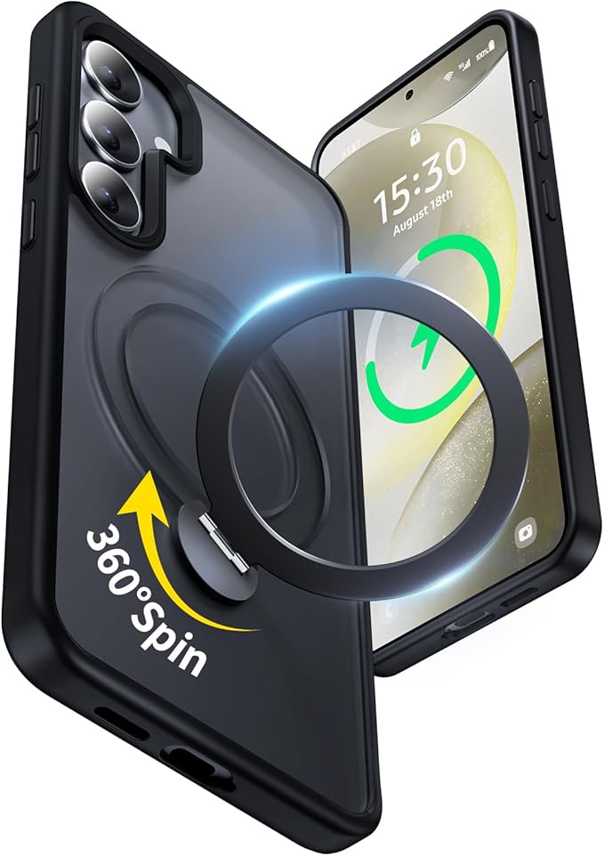 for Samsung Galaxy S24 Case,Compatible with Magsafe [Wireless Charging],with 360°Rotatable Magnetic Ring Stand Matte Translucent Slim Soft Edge Phone Kickstand,Black