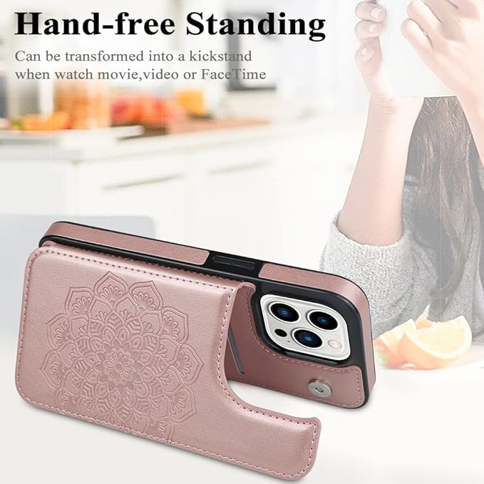 MMHUO for iPhone 15 Pro Case with Card Holder,Flower Magnetic Buttons Protective Wallet Case for Women for iPhone 15 Pro,Rose Gold