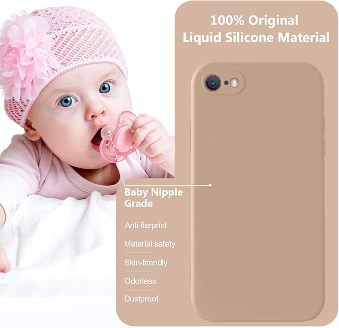 Vooii for iPhone SE Case 2022/3rd/2020,iPhone 8/7 Case, Upgraded Liquid Silicone with [Flat Edges] [Camera Protection] [Soft Anti-Scratch Microfiber Lining] Phone Case for iPhone SE - Light Brown