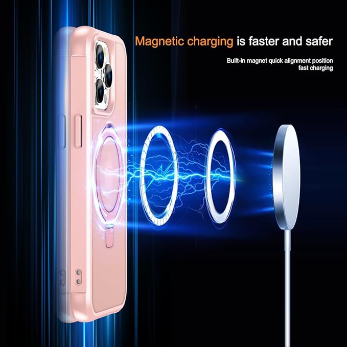 Magnetic Compatible with iPhone 13 Pro Case with Stand [Military Grade Drop Tested][Compatible with Magnet] Ring Translucent Slim Hard Back Soft Edge, Pink