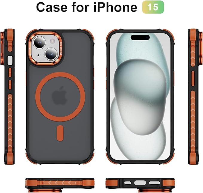 Magnetic for iPhone 15 Case Orange with MagSafe Wireless Charging Heavy Duty Military-Grade Shockproof Protection Adjustable Kickstand Slim Matte Anti-Fingerprint Cover Men Women